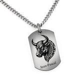 Collier homme en argent avec pendentif plaque taureau tribal personnalisé au prénom Jean-Pascal sur chaîne gourmette.