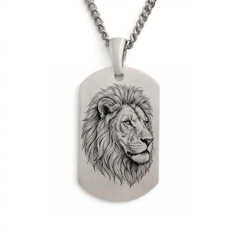 Pendentif Lion plaque en Argent 925 massif gravée, grand modèle pour Homme.