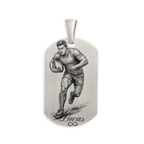Pendentif rugbyman en argent massif avec ballon, personnalisable face et verso.