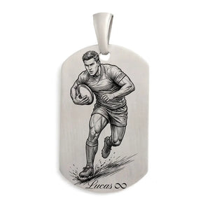 Pendentif rugbyman en Argent 925 massif, plaque personnalisable face et verso.