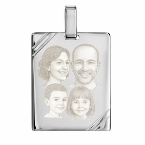 Pendentif argent massif homme avec gravure d'une photo, d'un portrait ou symbole de votre choix, grand modèle de 29x39 mm hors attache.