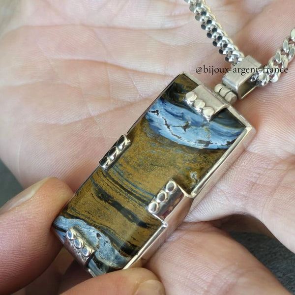 Pendentif artisanal homme argent massif 925 avec pierre de Pietersite bleue et marron