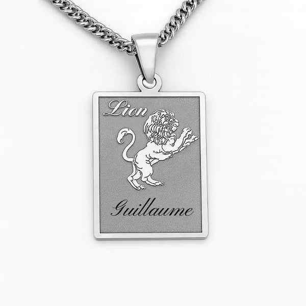 Pendentif Lion en argent pour homme, signe astrologique personnalisable face et / ou au verso.