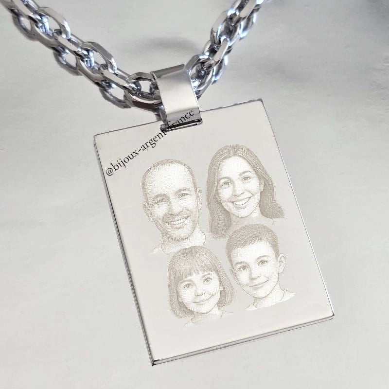 Pendentif Homme Argent Massif - 1 à 5 visages - Grand modèle (poids 15g) - Gravure portrait laser