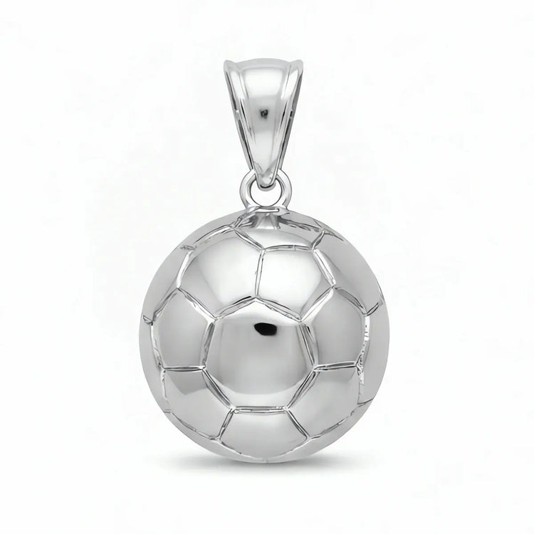 Grand pendentif ballon de football en argent massif rhodié de 20 mm, finition brillante
