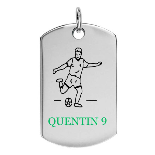 Pendentif foot argent massif à faire graver d'un joueur de football avec couleur et message de votre choix.