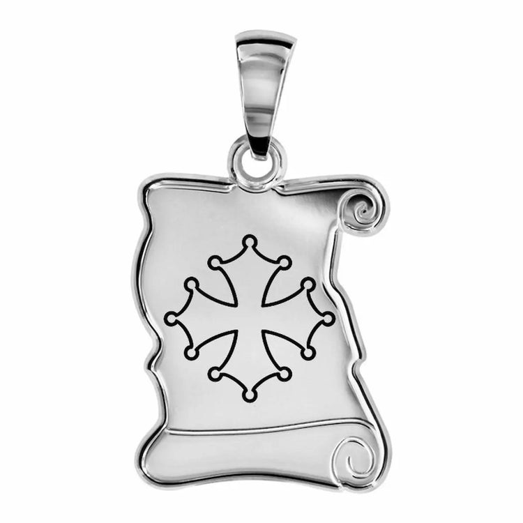 Pendentif homme en Argent massif, Croix occitane en forme de grand parchemin personnalisable face et verso.