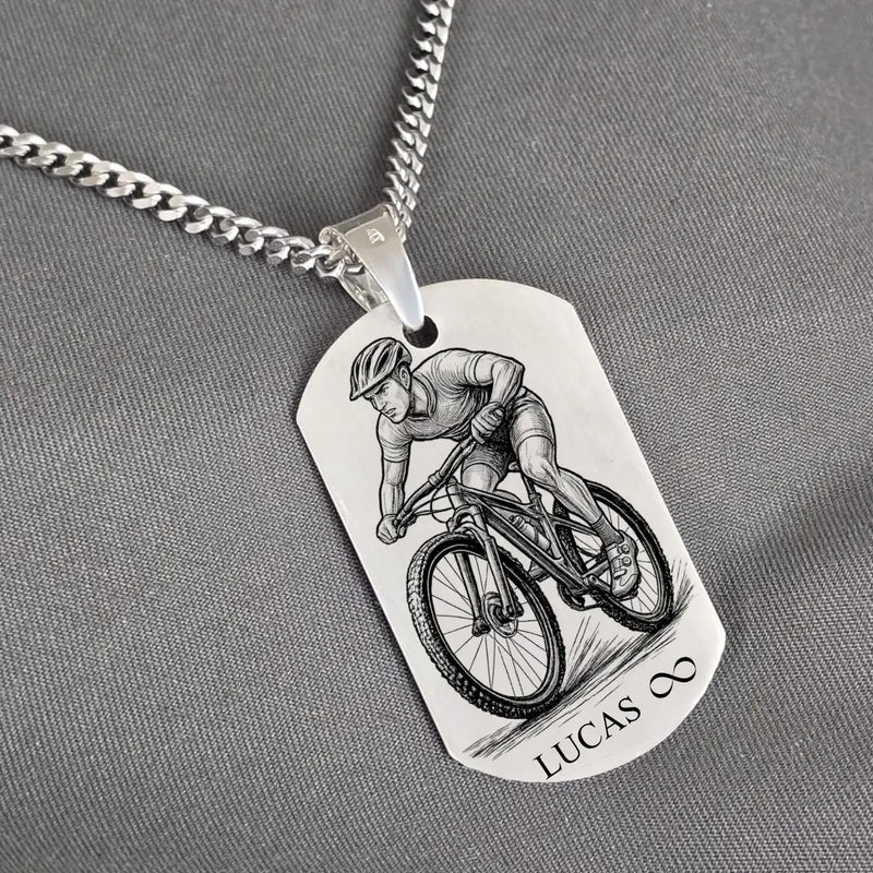 Pendentif homme argent vélo tout terrain à personnaliser face et verso.