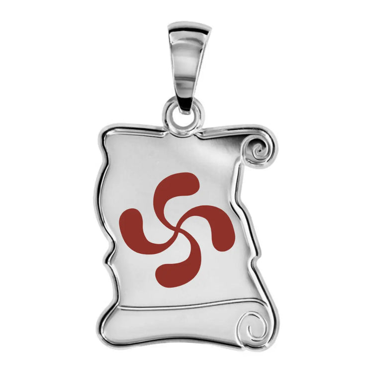 Pendentif parchemin en argent 925 avec Croix Basque Lauburu émaillée rouge.