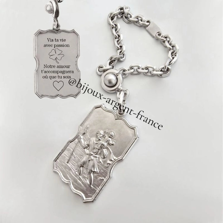 Porte-clés Saint Christophe Argent massif rhodié de belle envergure, personnalisable au verso.