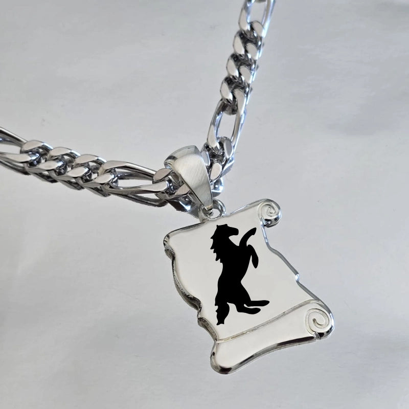Médaille parchemin étalon en argent massif 925 accompagnée d’une chaîne Figaro robuste pour homme