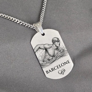 Bijou natation pour Homme en Argent 925 et gravure offerte côté face, sous le nageur.