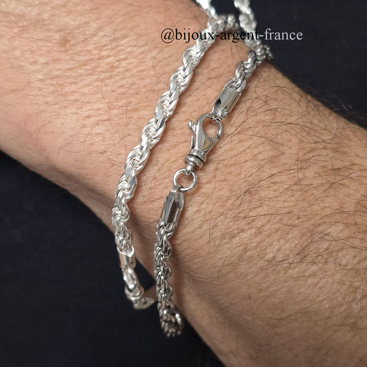 Bracelet homme en argent rhodié maille corde 5mm, modèle disponible en grande longueur jusqu'à 26 cm pour poignet fort.