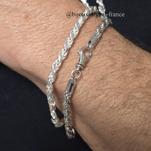 Bracelet homme en argent rhodié maille corde 5mm, modèle disponible en grande longueur jusqu'à 26 cm pour poignet fort.