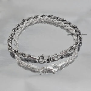 Bracelet maille corde 5mm pour homme en argent 925 massif plein, vue détaillée des maillons torsadés et du fermoir.