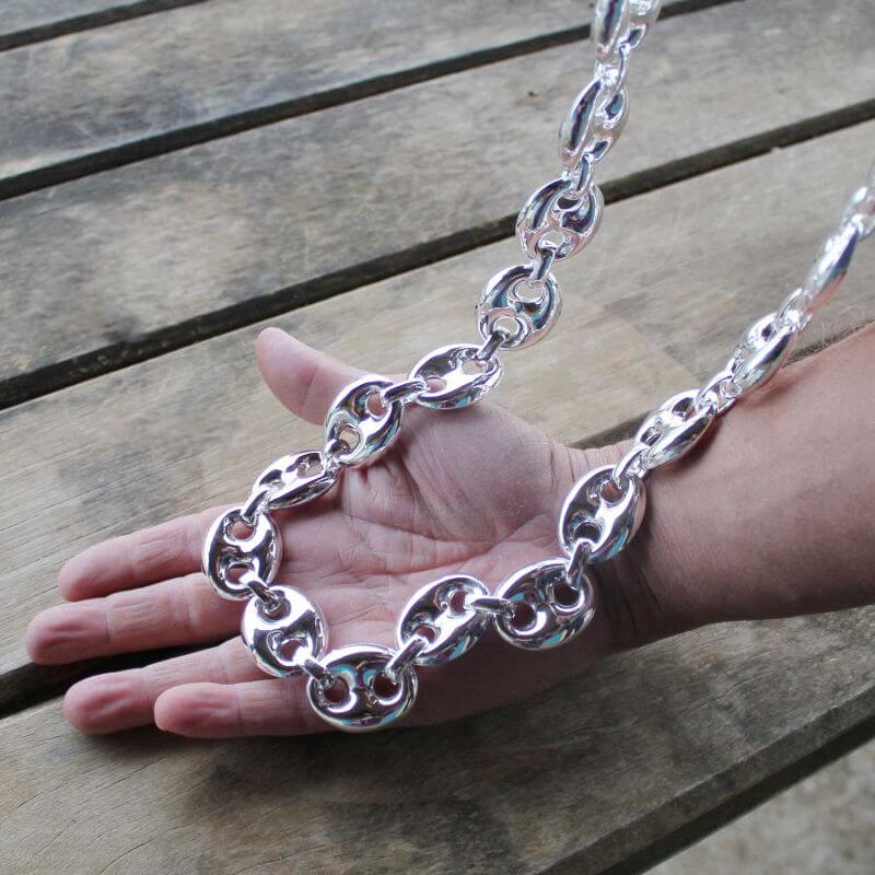 Chaine aux grains de café hors norme de 27 x 35mm chacune, collier XXL homme en argent / option rhodié