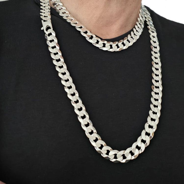 Collier Homme Argent Massif - Maille Gourmette plate 14mm - 50 à 80cm (poids 120 à 200g)