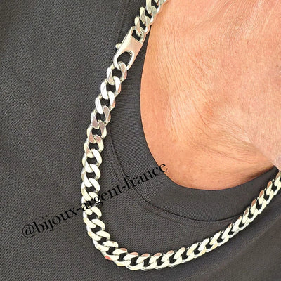 Collier Homme Argent massif gourmette 11 mm plate - 45 à 80 cm (90-155g) option rhodié
