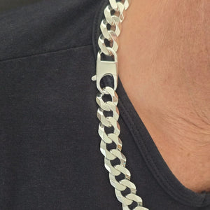 Collier homme argent massif maille gourmette plate 14,5 mm avec fermoir large