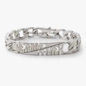 Gourmette homme en argent personnalisé massif maille cubaine 12 mm personnalisable avec 2 prénoms découpés, longueur de 17 à 30 cm, poids 60 g.