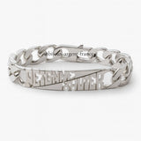 Gourmette homme en argent personnalisé massif maille cubaine 12 mm personnalisable avec 2 prénoms découpés, longueur de 17 à 30 cm, poids 60 g.