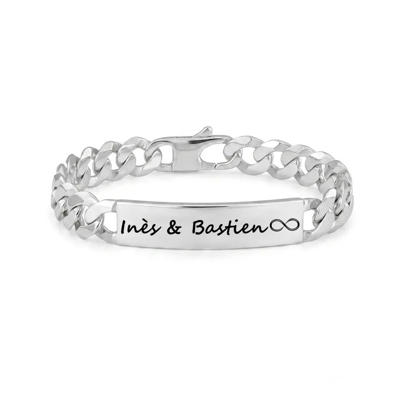 Gourmette homme argent massif maille hawaï avec gravure prénom et symbole infini pour couple