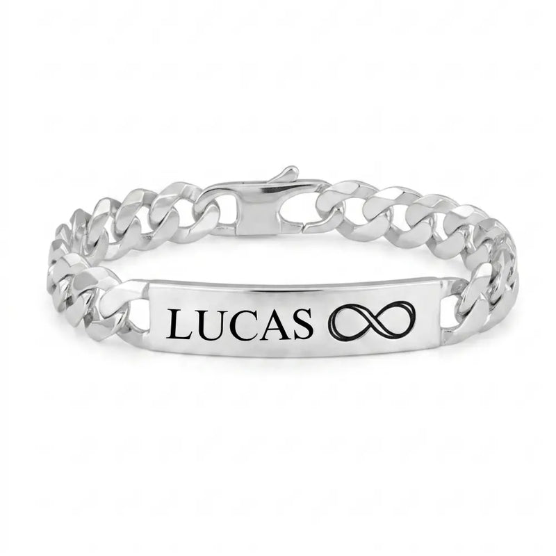 Gourmette homme argent massif 10mm maille hawai personnalisee avec prenom Lucas et symbole infini