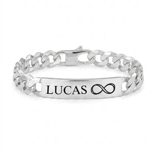 Gourmette homme argent massif 10mm maille hawai personnalisee avec prenom Lucas et symbole infini