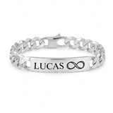 Gourmette homme argent massif 10mm maille hawai personnalisee avec prenom Lucas et symbole infini