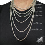 Guide des tailles pour chaîne maille corde homme en argent montrant le rendu des longueurs de 45 cm à 80 cm sur un buste.