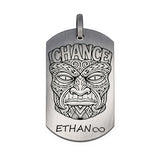 Pendentif Tiki Chance en argent massif 925 avec gravure personnalisée du prénom Ethan et symbole infini.