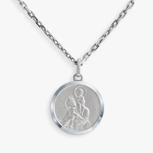 Médaille homme argent massif 19mm Saint Christophe personnalisable sur chaîne maille forçat 2mm argent rhodié.