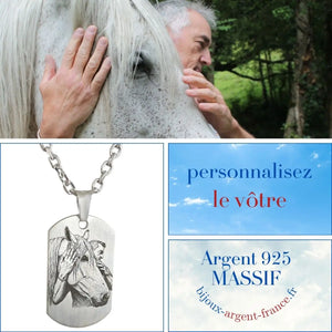 Pendentif en argent massif personnalisable avec gravure d'une tête de cheval