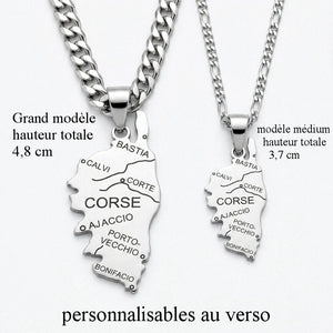 Infographie du pendentif Corse en argent 925 rhodié avec dimensions des tailles moyen et grand modèle, personnalisable au verso.