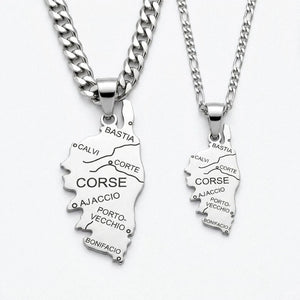Pendentif carte de la Corse en argent rhodié monté sur chaînes pour homme et femme, modèles pour tous.