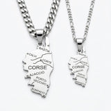 Pendentif carte de la Corse en argent rhodié monté sur chaînes pour homme et femme, modèles pour tous.