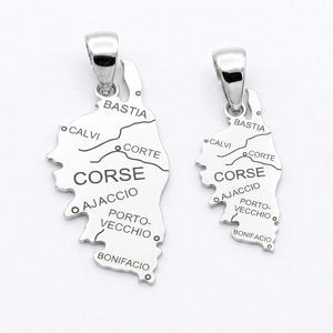 Deux pendentifs Corse personnalisés en argent 925 rhodié, moyen et grand modèle avec gravure des villes.
