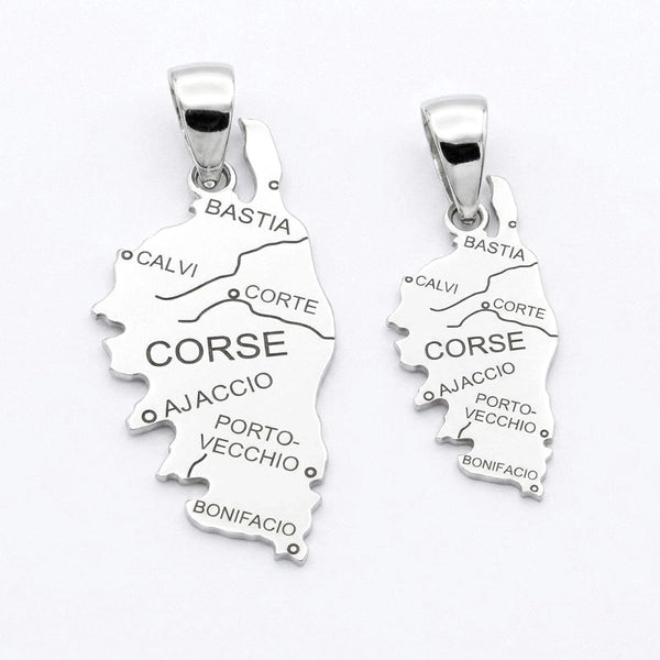 Deux pendentifs Corse personnalisés en argent 925 rhodié, moyen et grand modèle avec gravure des villes.