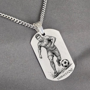 Pendentif footballeur, plaque gravée en argent massif, pour Homme.