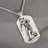 Pendentif footballeur, plaque gravée en argent massif, pour Homme.