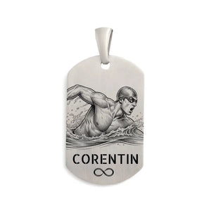 Pendentif Homme Argent Massif, nageur personnalisé sur une plaque style GI de belle dimension.