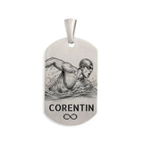 Pendentif Homme Argent Massif, nageur personnalisé sur une plaque style GI de belle dimension.