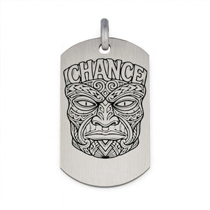 Pendentif Tiki Chance en argent massif finition satinée mate, bijou tribal pour homme personnalisable.