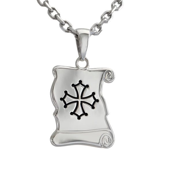 Pendentif Homme, parchemin grand modèle en argent massif avec gravure Croix d'Occitanie émaillée noir et chaîne.