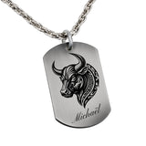 Collier homme en argent avec pendentif plaque taureau tribal gravé au prénom Michaël sur chaîne maille forçat.