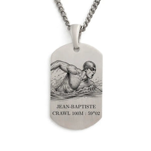 Pendentif plaque nageur en Argent 925 pour Homme, personnalisable face et verso.