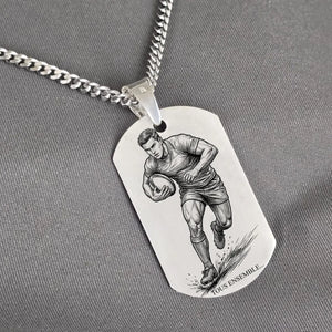 Pendentif rugby argent homme personnalisable, sur chaîne maille gourmette 3 mm.