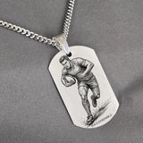Pendentif rugby argent homme personnalisable, sur chaîne maille gourmette 3 mm.