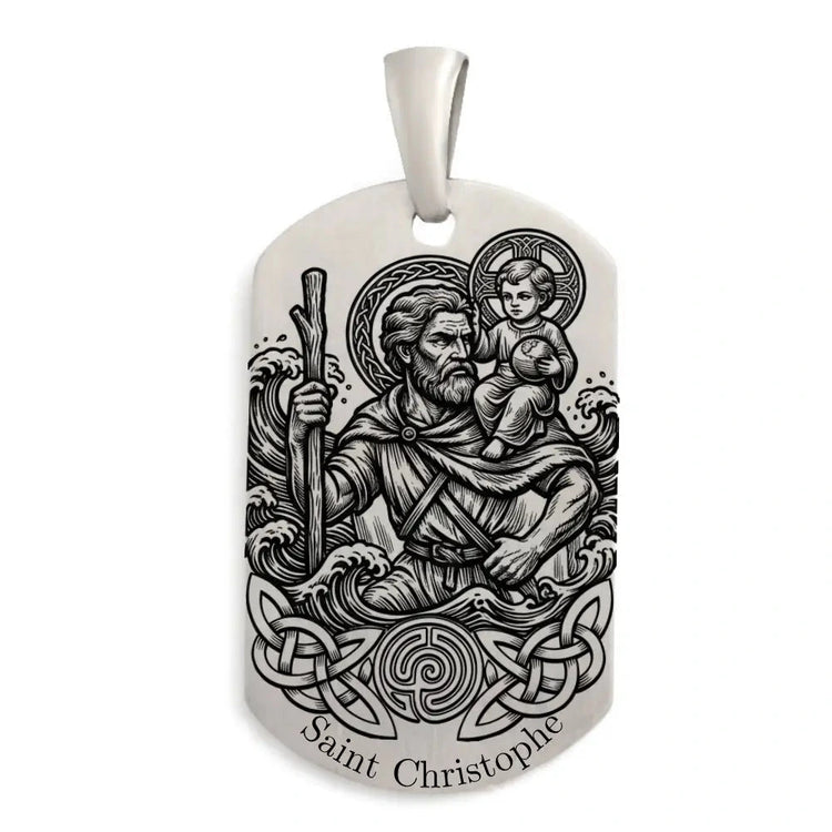 Pendentif Saint-Christophe rectangulaire en argent 925 massif pour homme, gravé de l'effigie du saint protecteur des voyageurs, personnalisable au dos.
