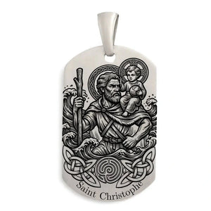 Pendentif Saint-Christophe rectangulaire en argent 925 massif pour homme, gravé de l'effigie du saint protecteur des voyageurs, personnalisable au dos.